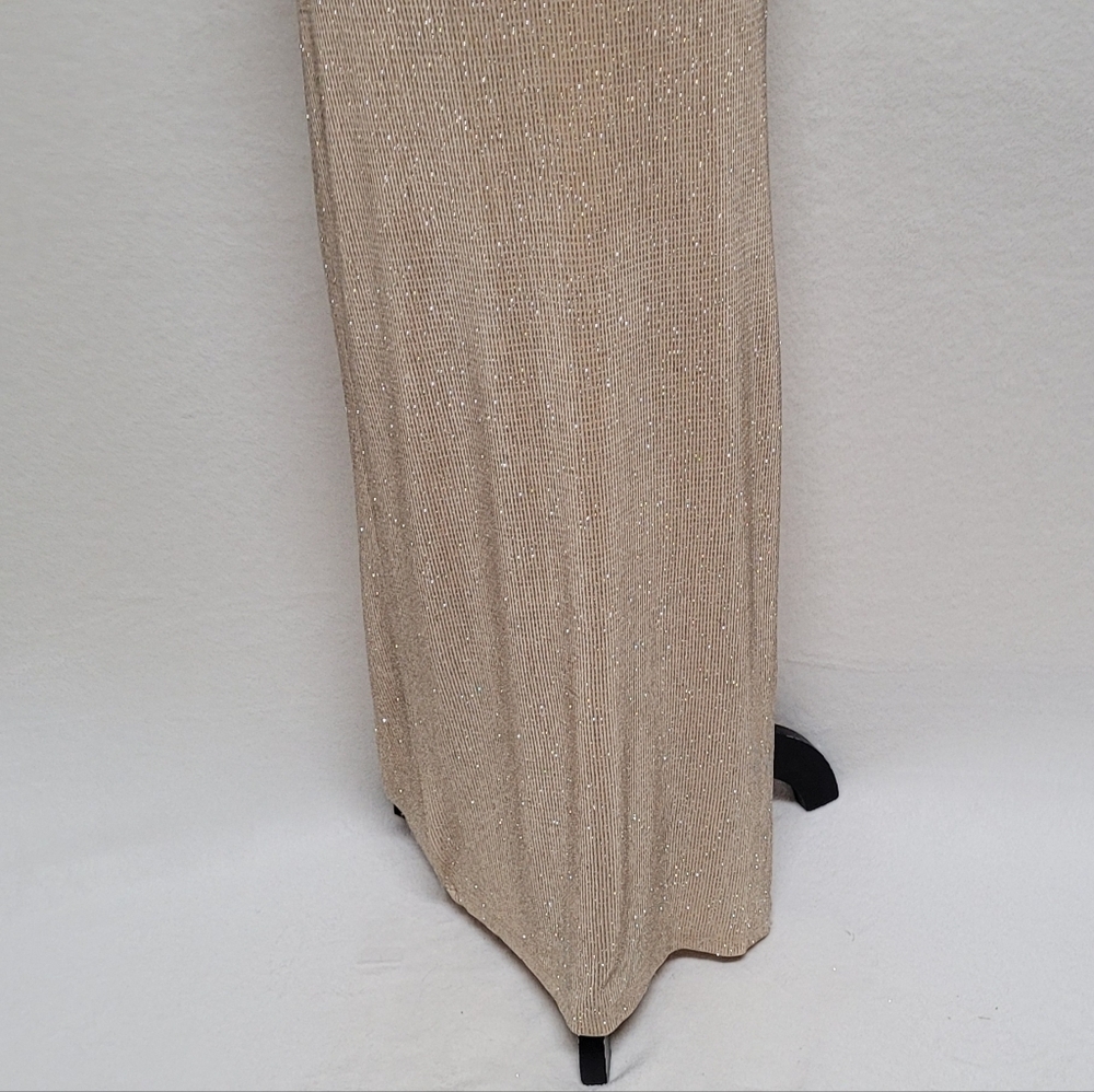80s Vintage City Triangles Gold Metallic Knit Strappy Backless Slit Maxi Dress M - Picture 6 of 14
